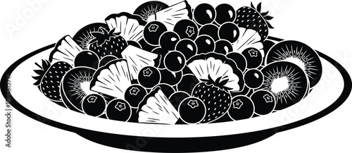 A black and white illustration of a plate filled with various fruits