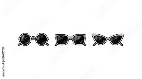 Hand-drawn sunglasses illustration in black and white on a white background