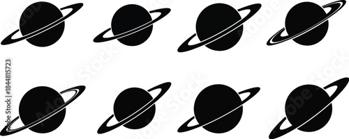 A collection of simple black and white planet icons with prominent rings