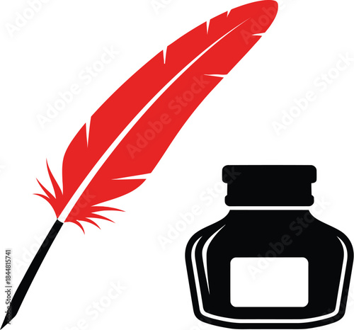 A red feather quill and a black inkwell tools for classic writing