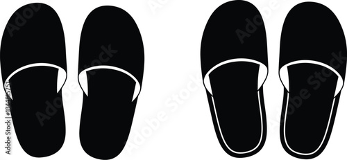 A simple illustration depicting four black slippers in a top down view