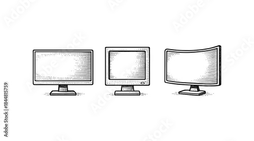 Vintage computer monitors in a line, retro technology illustration on white