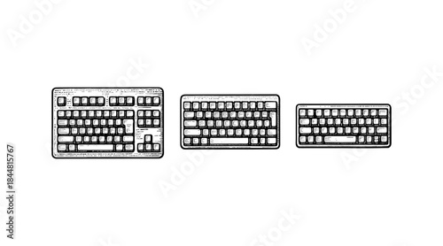 Ink drawing of three different computer keyboard layouts on a white background