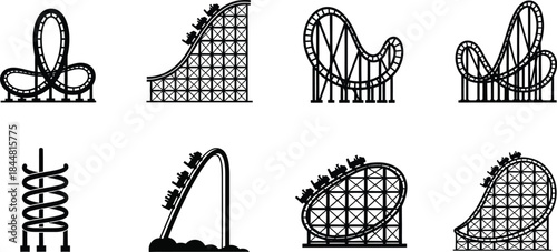 Various black and white line art illustrations of different roller coaster designs