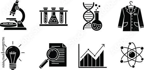 Scientific research iconography depicting biology chemistry and data analysis tools