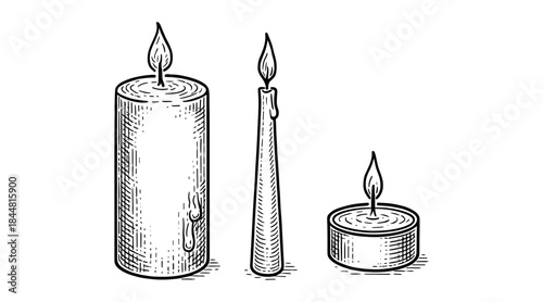 Engraved illustration of three burning candles in different styles
