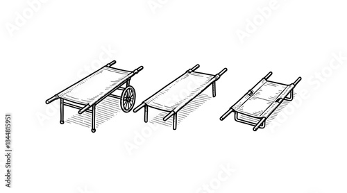 Vintage stretcher illustrations in black and white, perfect for historical medical themes