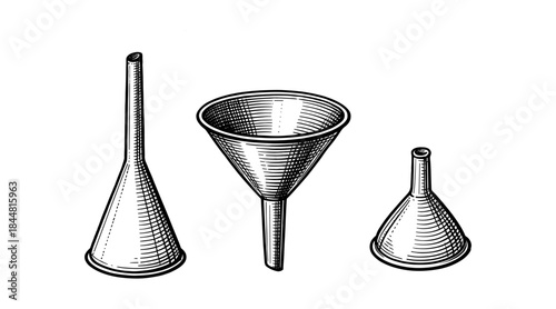Detailed illustration of three funnels in a classic engraving style
