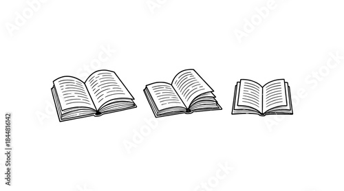 Line art illustration of three open books on a white background
