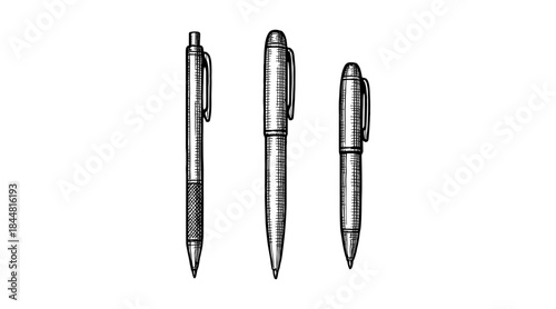Ink pens illustration in a detailed hand-drawn vintage style on white background