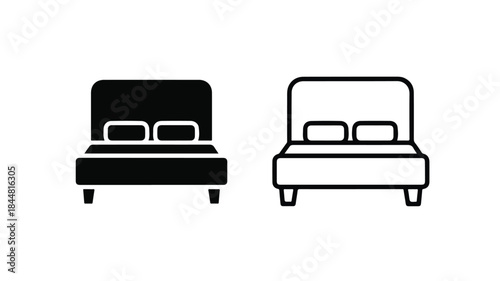 Simple line icons of two beds with headboards and pillows in black and white on a plain background.