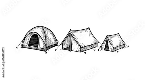Hand-drawn camping tents illustration in a vintage engraving style