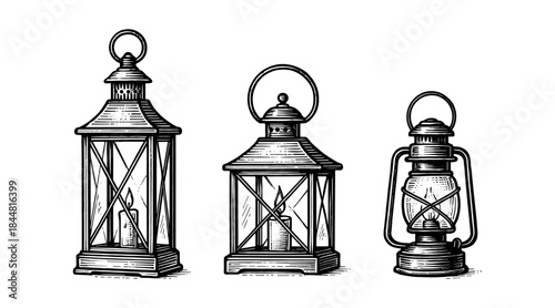Vintage lantern illustrations in detailed black and white engraving style