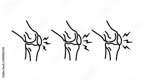 A line drawing illustration of three knee joints with lightning bolts indicating pain on a white background.