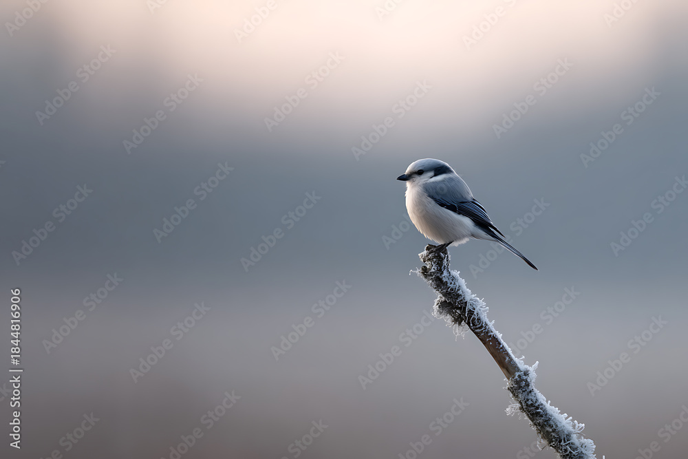 Obraz premium winter bird scene, graceful wild bird on frosty branch, winters crisp air, gentle sunrise, intricate feathers, peaceful ambiance