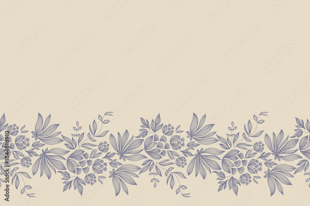 Fototapeta premium Vintage floral ethnic tapestry modern embroidery texture boho design vector illustration hand drawn silhouette indigo blue flower motif branches leaves wallpaper seamless background border