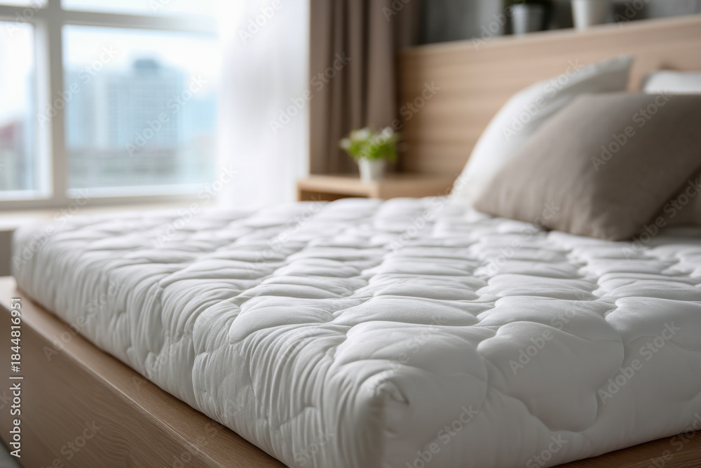 Naklejka premium White quilted mattress topper on a wooden bed frame in a bright bedroom with a city view and decorative pillows in the background