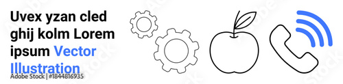 Communication, technology, education, business tools, design concepts, healthy lifestyle. Gear icons, phone receiver with sound waves apple image random placeholder text. Communication