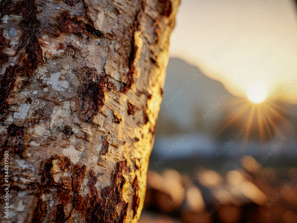 Fototapeta premium Textured tree bark illuminated by warm golden sunlight with blurred natural landscape and glowing sun in the background during sunset or sunrise hours