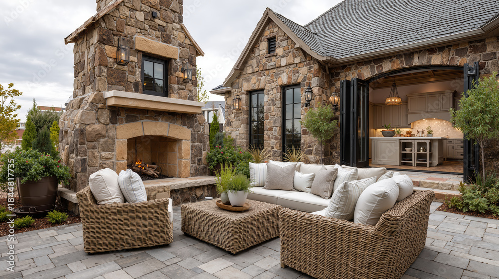 Obraz premium Rustic stone patio with cozy fireplace, green plants and wicker furniture at luxury house or mansion