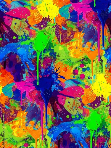 Vibrant abstract paint splatter artwork with colorful neon drips and splashes