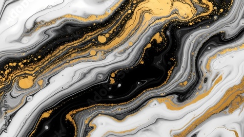 Luxurious abstract fluid art pattern with swirling black white and golden liquid