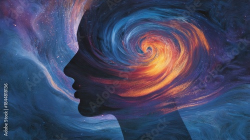 A human head silhouette contains a colorful swirl that resembles a galaxy. This artwork illustrates the connection between the mind and the universe during nighttime.