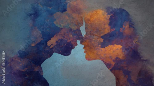 Panel kuchenny z motywem Two abstract silhouettes of faces touch foreheads surrounded by a blend of colors. The scene captures a moment of connection and creativity through artistic expression.