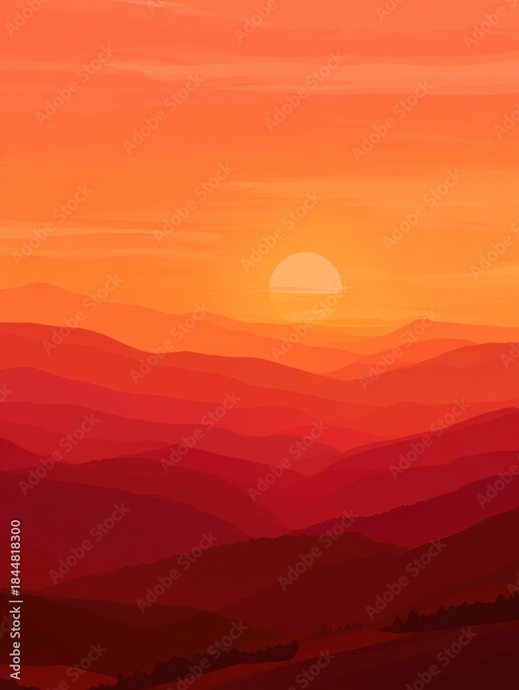 Fototapeta premium Minimal Mountains Silhouette at Sunrise With Warm Colors Filling the Sky and Empty Space Above