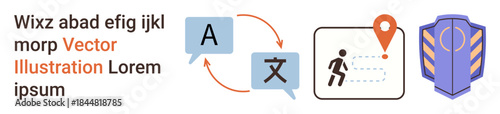 Language translation, navigation tools, cybersecurity, localization processes, travel assistance, digital protection. Speech bubbles, a person on a map and a security shield. Translation
