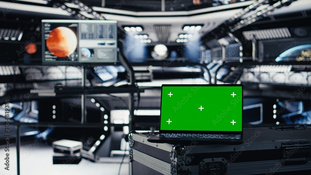 Obraz premium Mockup laptop in orbital station surrounded by high tech displays tracking Mars telemetry. Green screen notebook enabling real time mission control and spacecraft status updates