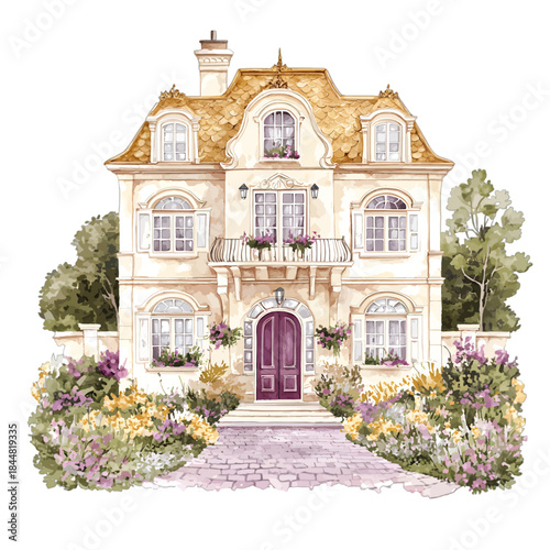 Charming French Mansion with Garden and Flowers Vector Watercolor Illustration
