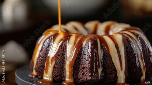 Footage Moist and delicious chocolate bundt cake topped with a rich caramel drizzle