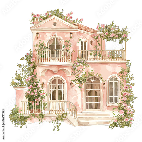 Charming Pink Mediterranean Villa with Balconies and Climbing Roses Vector Illustration
