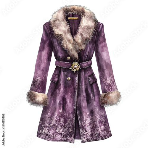 Vintage Purple Fur Coat with Belt and Ornate Buckle Vector Illustration
