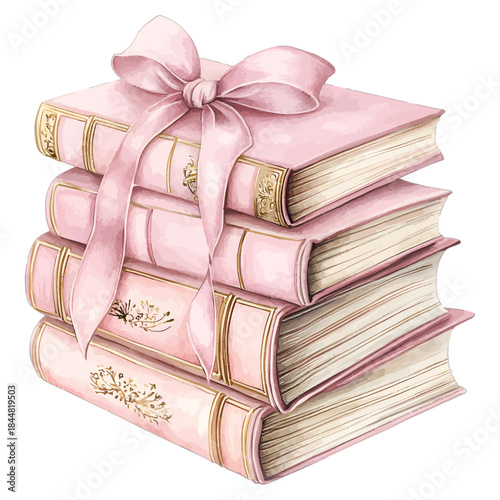 Vintage Pink Books Stack with Gold Details and Silk Ribbon Vector Illustration
