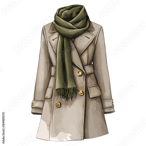 Classic Double-Breasted Trench Coat with Olive Green Scarf Vector Illustration
