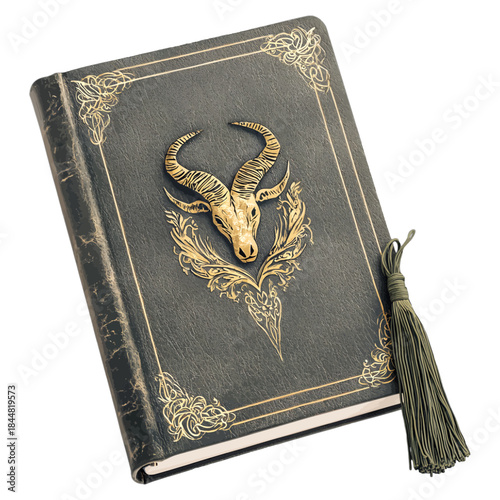 Vintage Mystical Ram Skull Journal with Ornate Gold Details and Tassel Vector
