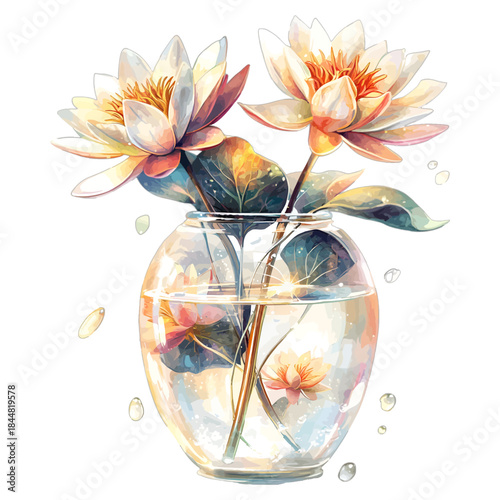 Watercolor White and Pink Water Lilies in Glass Vase Vector Illustration
