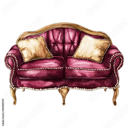 Vintage Burgundy Velvet Sofa with Gold Ornate Frame and Accent Pillows Vector
