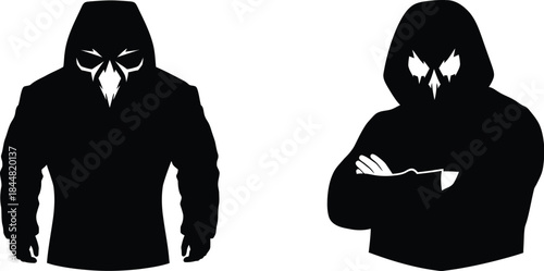 Two mysterious figures in hooded cloaks with unique avian inspired masks