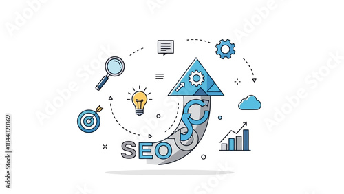 Seo concept illustration with upward arrow, lightbulb, magnifying glass, gears, and growth chart icons representing search engine optimization strategy and progress