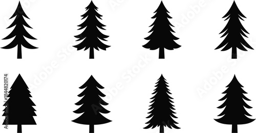 Simple black silhouettes of various evergreen trees arranged in a grid