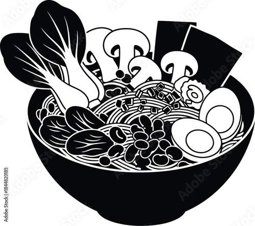 A black and white illustration of a bowl filled with ramen and toppings