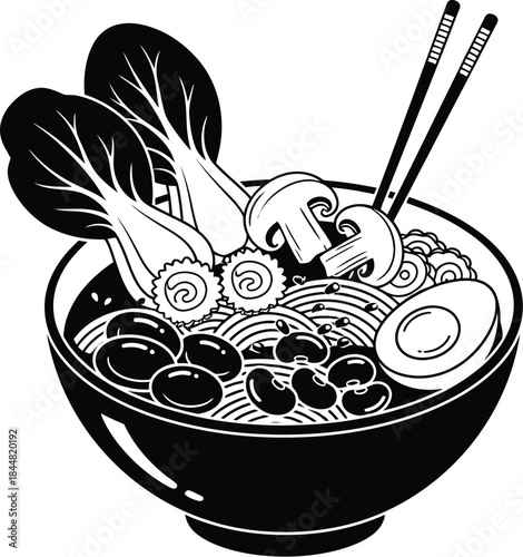 A black and white illustration of a bowl of ramen with chopsticks