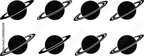 Simple illustration of multiple planets with rings arranged in a grid pattern
