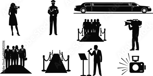 Black silhouettes depict a celebrity arrival with paparazzi and security