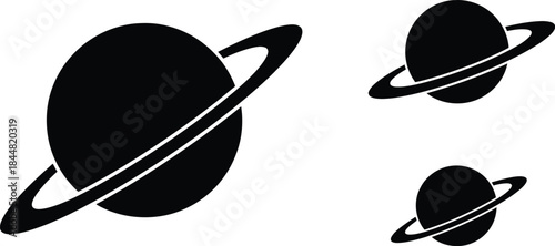 Simple illustration of three planets with rings in a black and white style