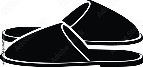 A simple black and white illustration of a pair of indoor slippers