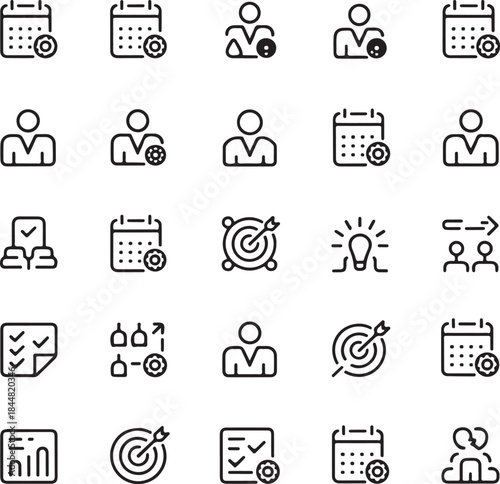 Business or organisation management icon set. Containing manager, teamwork, strategy, marketing, business, planning, training, employee icons. Solid icons vector collection
